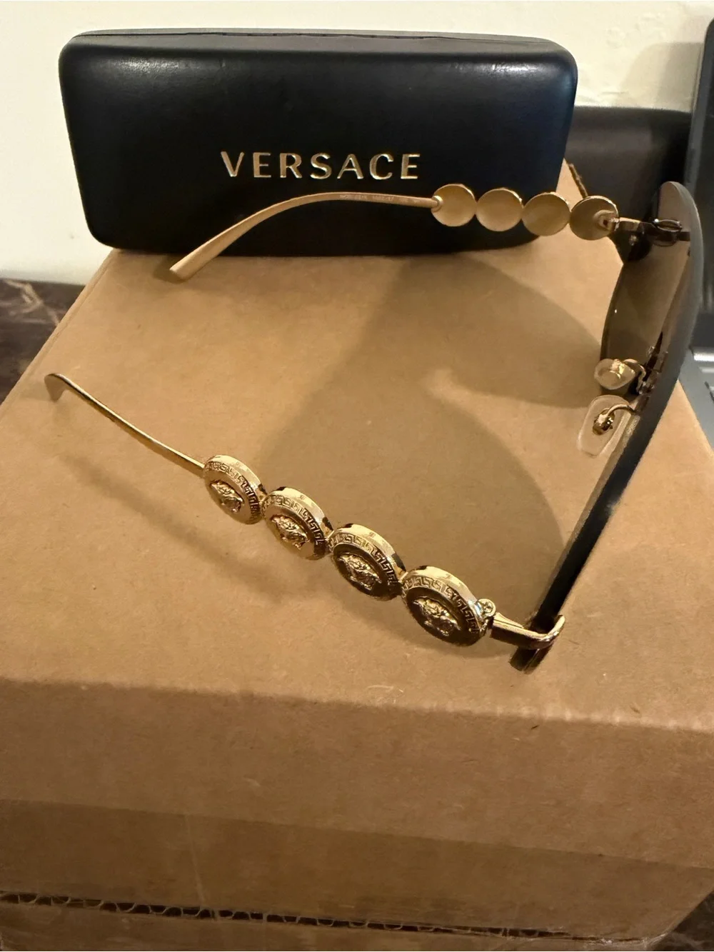 Versace Gold Medusa Coin Temple Sunglasses with Black Lenses